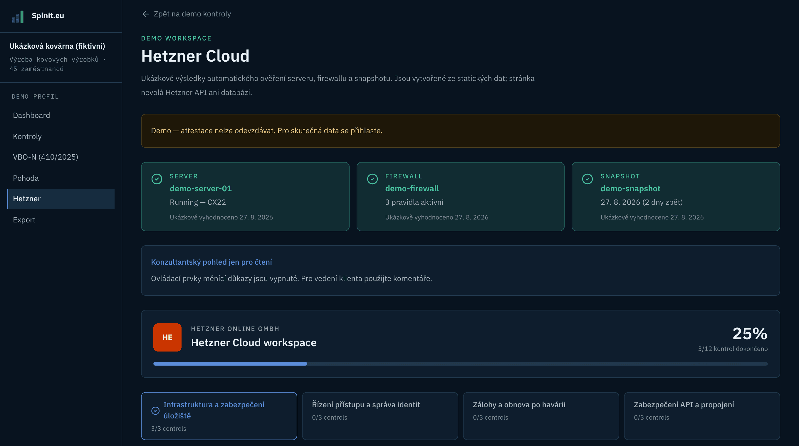 Ukázkový pracovní prostor Hetzner Cloud — automaticky ověřené důkazy pro server, firewall a snapshot