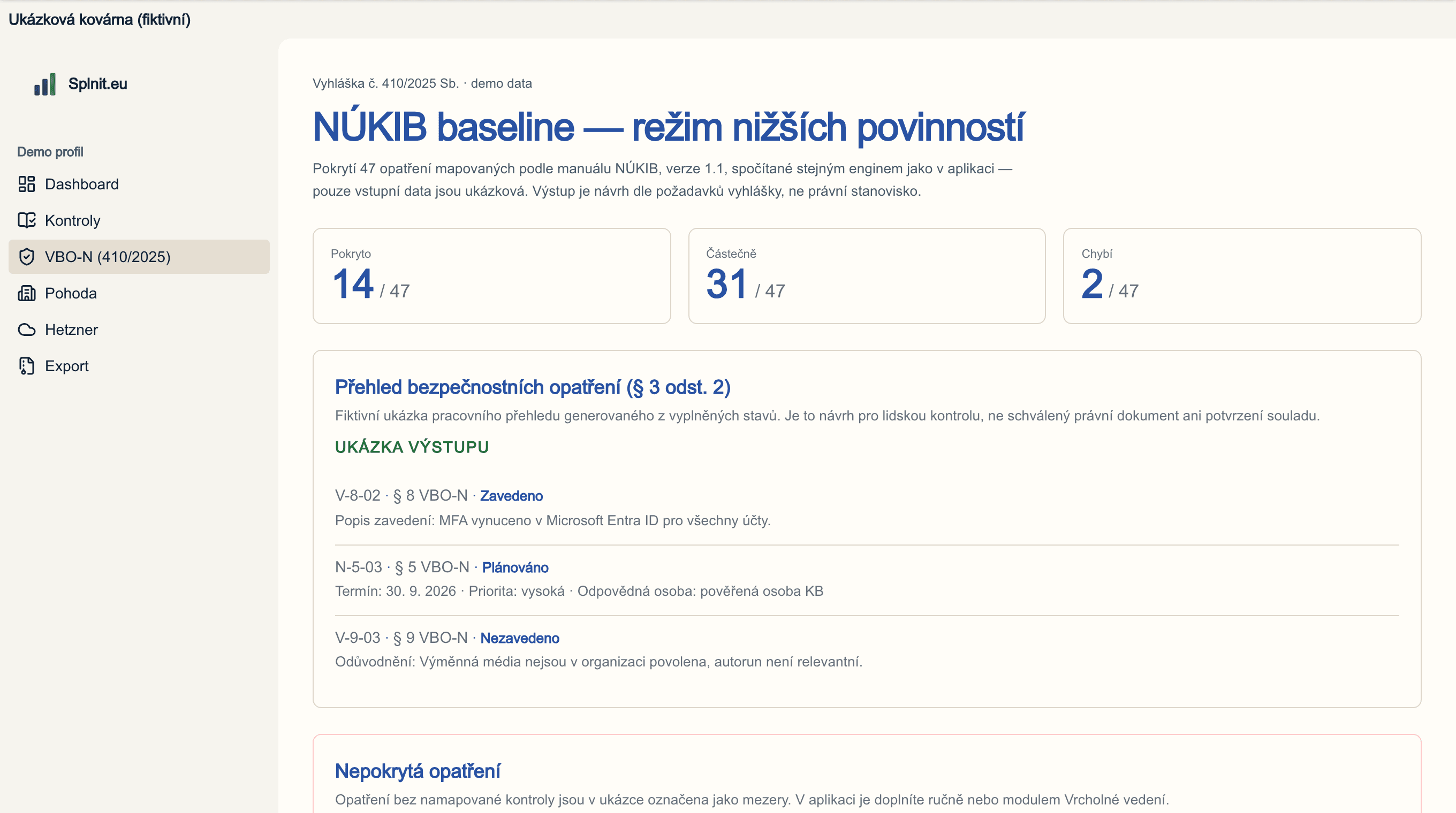 Pokrytí VBO-N v demu — baseline 47 opatření se stavy pokryto, částečně a chybí