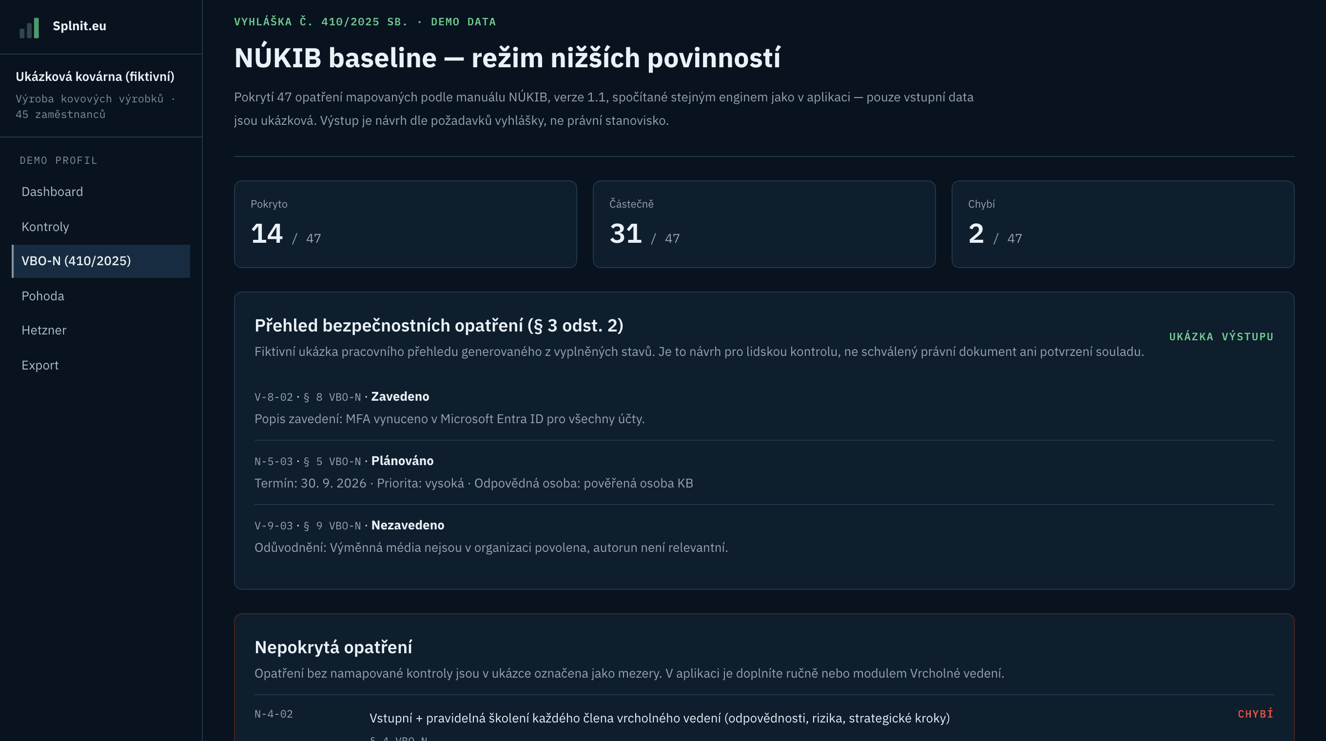 Pokrytí VBO-N v demu — baseline 47 opatření se stavy pokryto, částečně a chybí